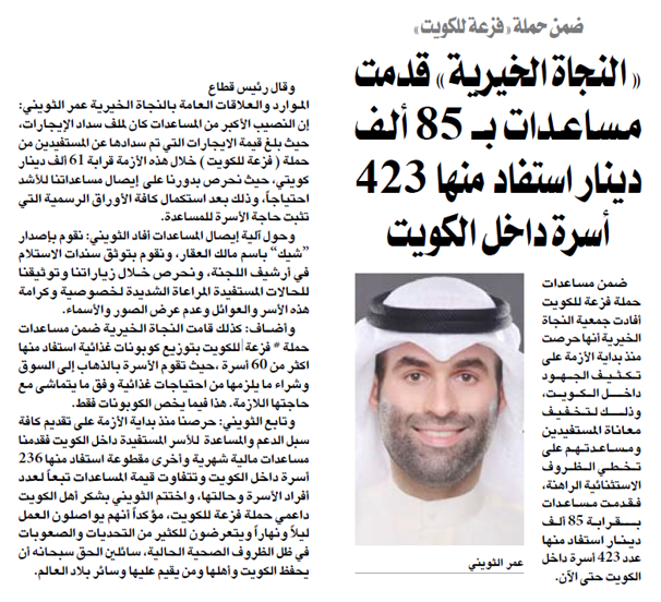النجاة الخيرية قدمت مساعدات بــ 85 ألف دينار استفاد منها 423 أسرة داخل الكويت