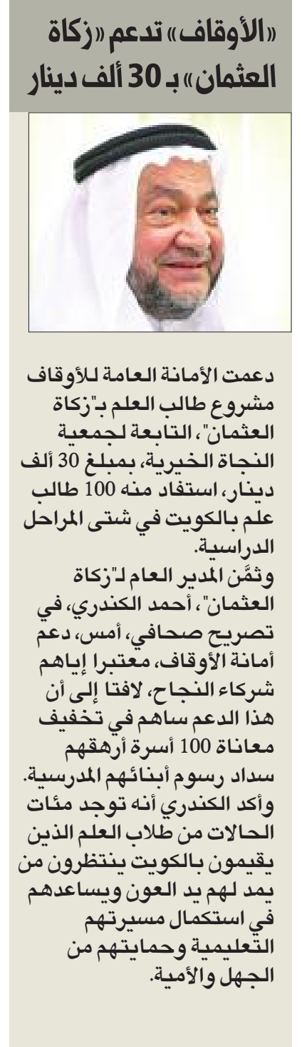 "زكاة العثمان": "أمانة الأوقاف" دعمت مشروع طلبة العلم داخل الكويت بــ30 ألف دينار