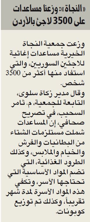 النجاة الخيرية بمشاركة طلاب الكويت بالأردن وزعت مساعدات إغاثية لـ3500 لاجئ