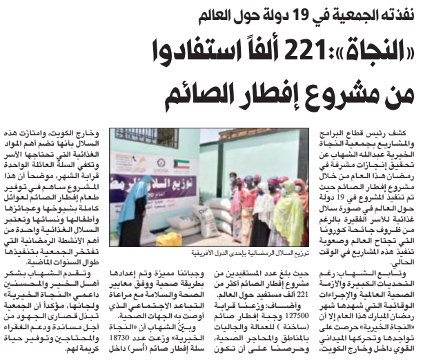 ٢٢١ ألف شخص استفادوا من مشروع إفطار الصائم داخل وخارج الكويت.
