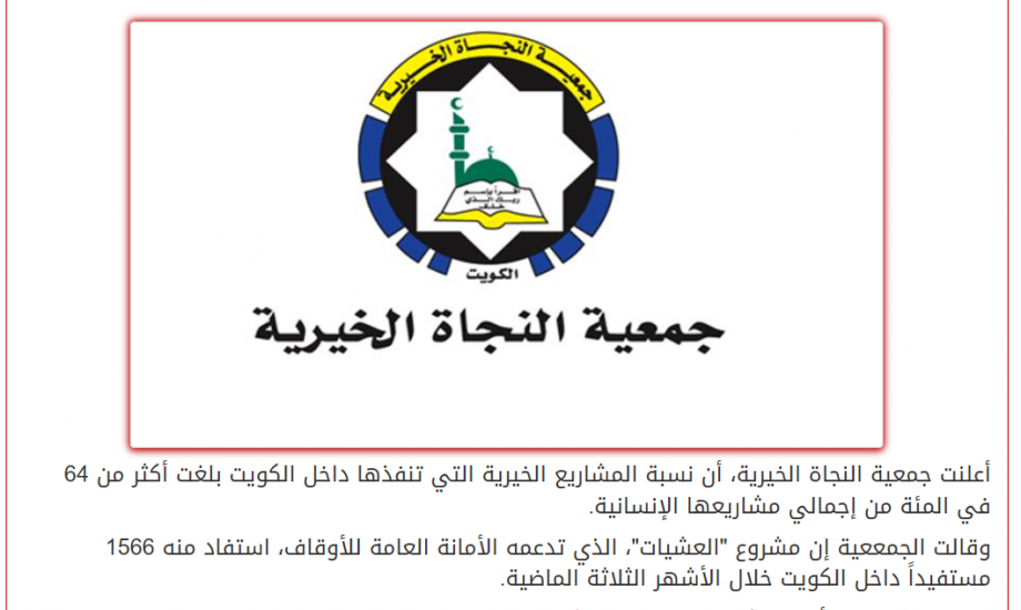 النجاة الخيرية : 64 % نسبة المشاريع الخيرية داخل البلاد